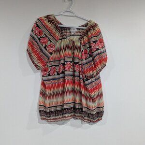 Lana Lee Sheer Patterned Short Sleeve Peasant Blouse Red Yellow Black Size XL